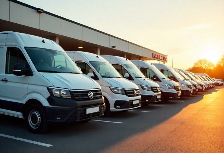 Beliebte Transporter wie VW T6, Mercedes Sprinter und Ford Transit beim Verkauf auf einem Autoankaufsplatz